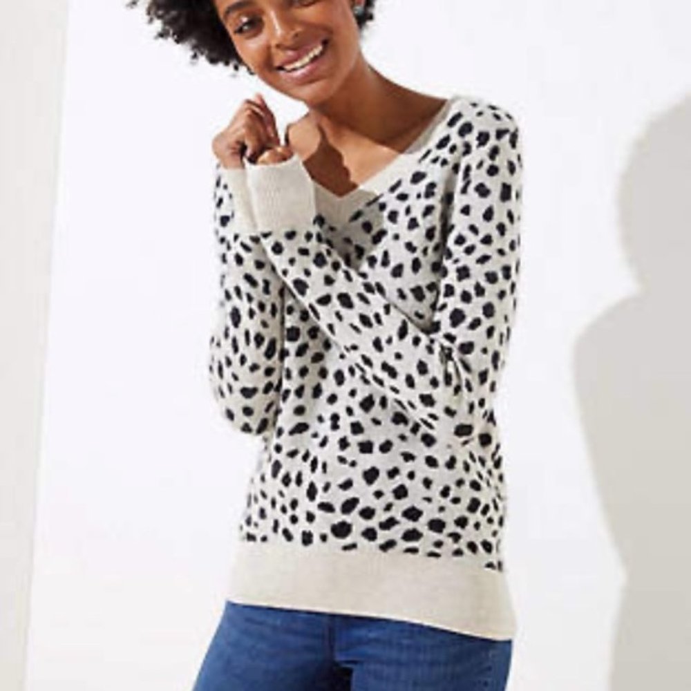 NWT LOFT Cheetah Print Wool Blnd Ivory Gray V-Neck Hi/Low Pullover Sweater Sz XS